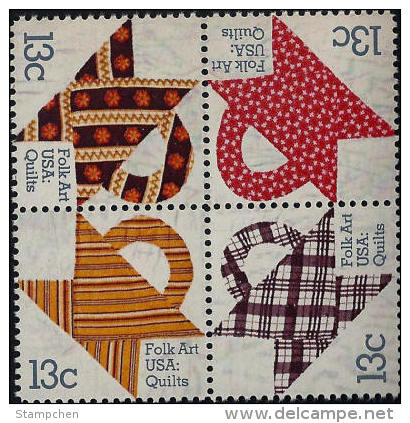 1978 USA Basket Design Quilts American Folk Art Stamps Sc#1745-48 1748a - Textile