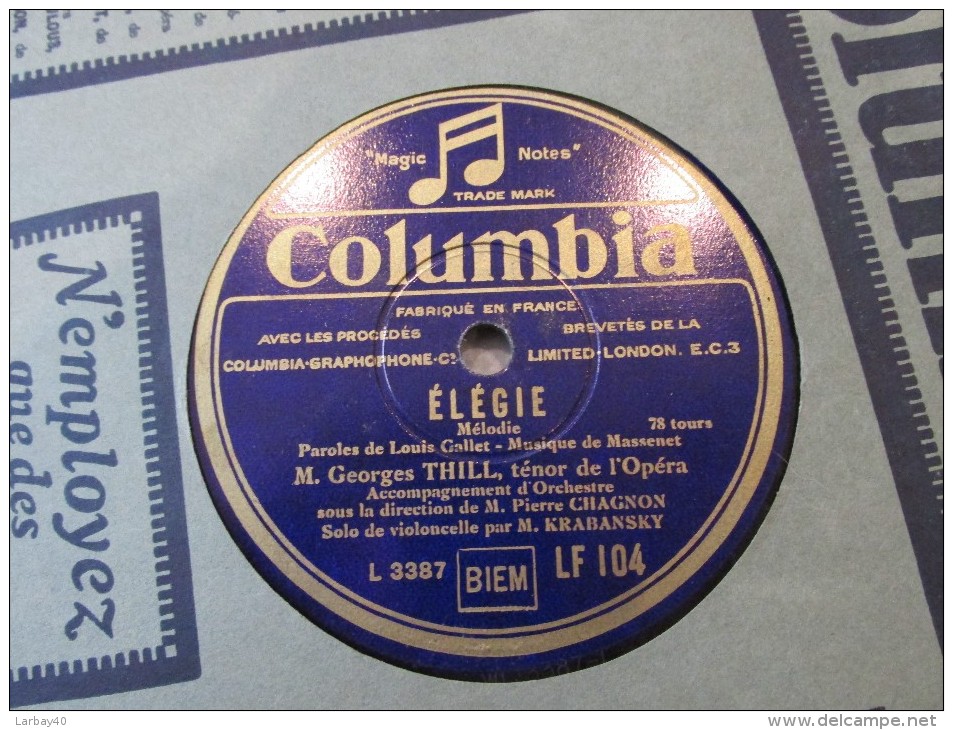 78 Tours Elegie  - Fortunio - G Thill - Columbia Lf104 - 78 Rpm - Gramophone Records