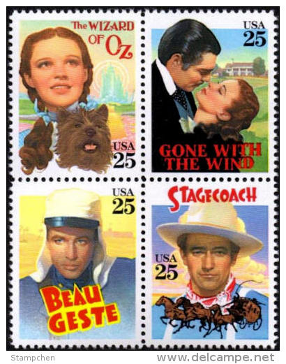 USA 1990 Classic Films Of 1939 Stamps Sc#2445-48 2448a Movie Stagecoach Gone With The Wind Cinema Horse Dog Famous - Other & Unclassified