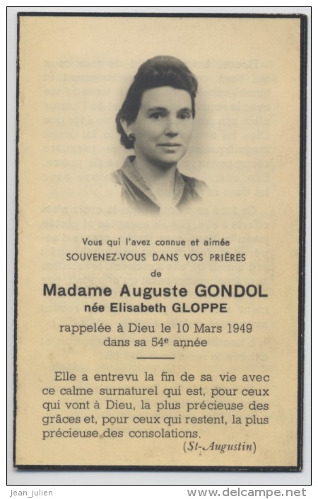 69  - LYON  -  Madame GONDOL Née Elisabeth GLOPPE  -    Souvenir  -   1949 - - Obituary Notices