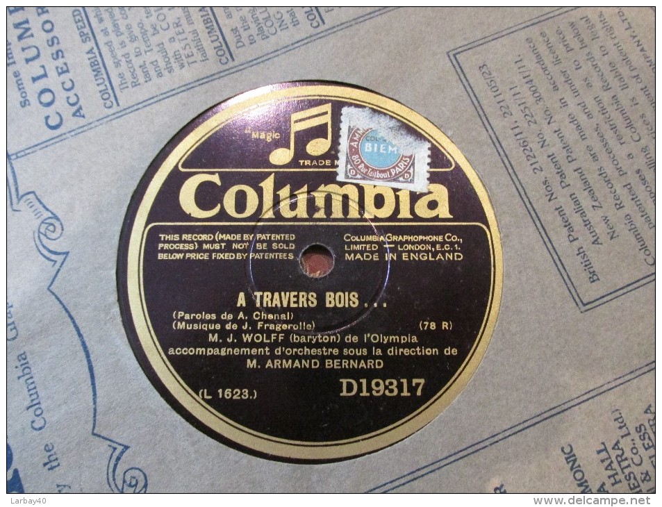 78 Tours Ctout Doucement - A Travers Bois  - Armand Bernard - Columbia D19317 - 78 Rpm - Gramophone Records
