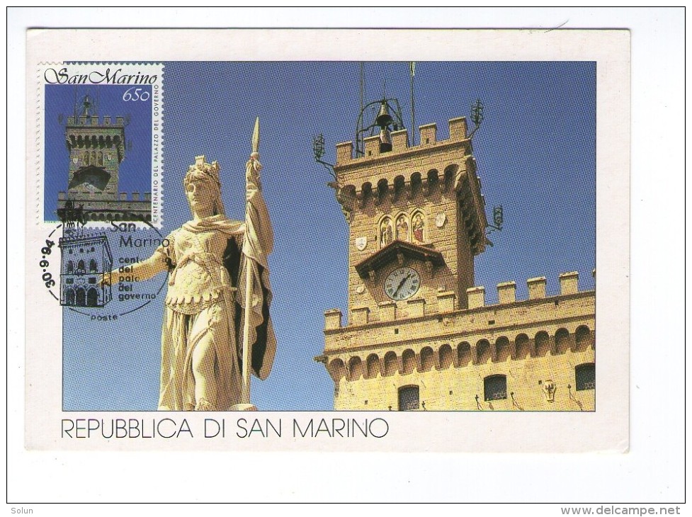 SAN MARINO 1994 MC MK MAXIMUM CARD  ARCHITECTURE STATUA DELLA LIBERTA  CENTENARIO  PALAZZO DEL GOVERNO - Storia Postale