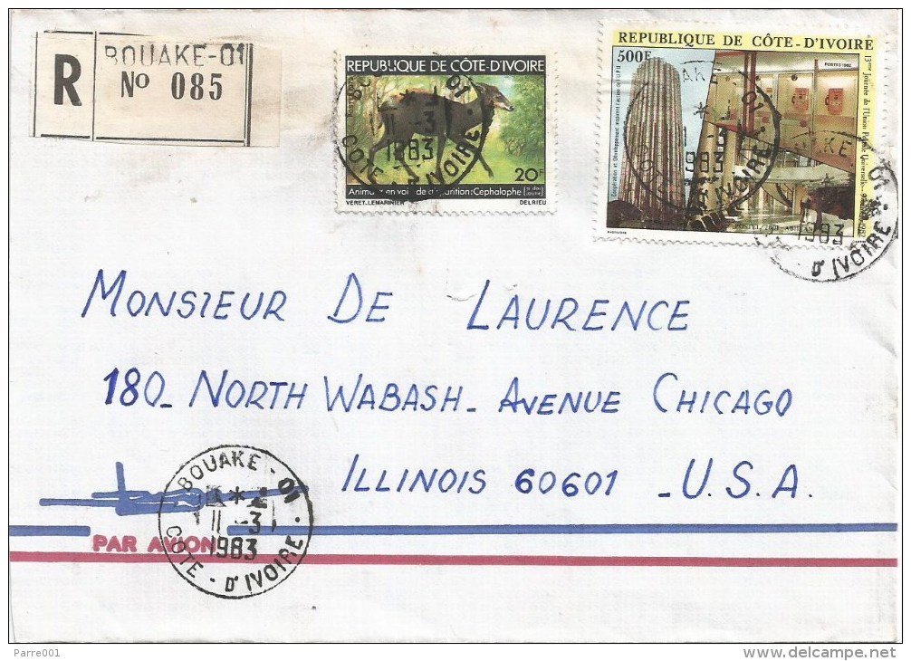 Cote D´Ivoire Ivory Coast 1983 Bouake 01 Duicker Antilope Postal Ministry Building Registered Cover - Ivoorkust (1960-...)