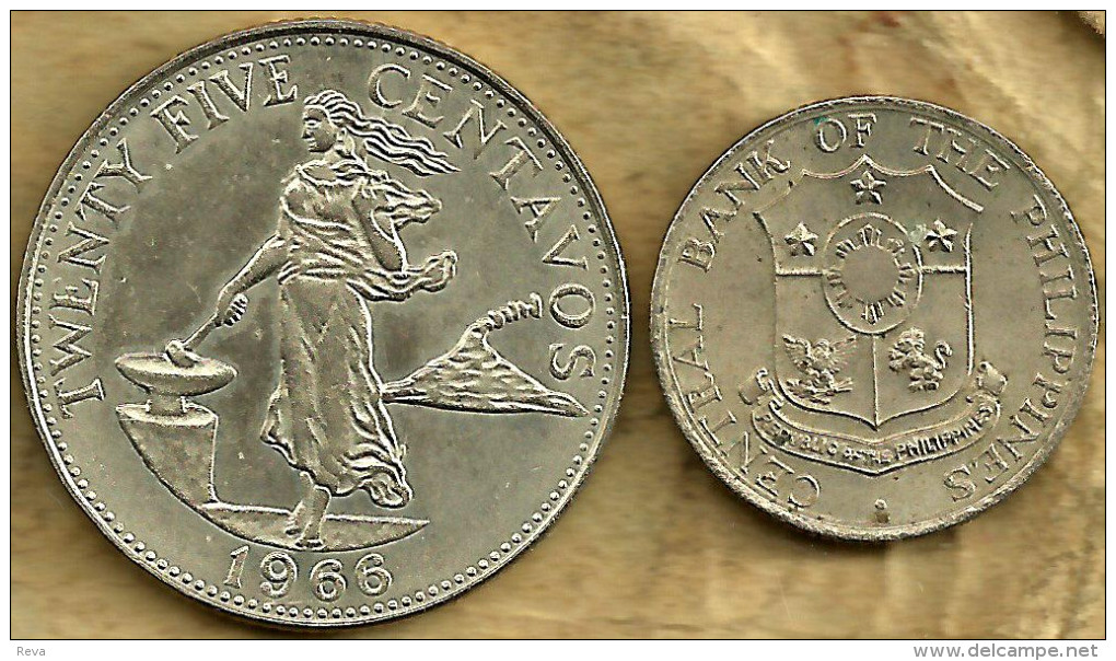 PHILIPPINES 25 CENTAVOS WOMAN VOLCANO FRONT SHIELD EMBLEM BACK 1966 VF KM(?) READ DESCRIPTION CAREFULLY!! - Filippijnen