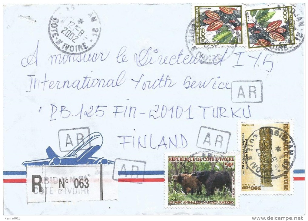 Cote D´Ivoire Ivory Coast 2002 Abidjan 21 Buffalo Totem Pole Spirits Cocoa AR Advice Of Receipt Registered Cover - Ivoorkust (1960-...)