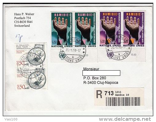 PHILATELY, NAMIBIA AND UN, STAMPS ON REGISTERED COVER, 1998, UNITED NATIONS - Storia Postale