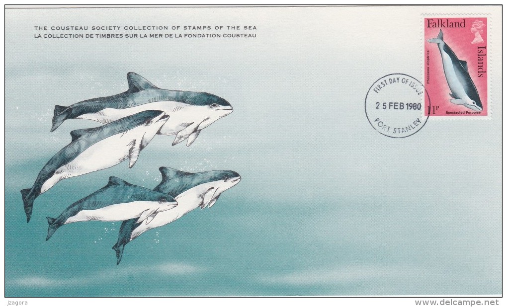 MARINE MAMMALS WHALES WHALE WAL VAL - PORPOISE - FALKLAND ISLANDS 1980 Cousteau Society  FDC Card - PHOCAENIDAE - Ballenas