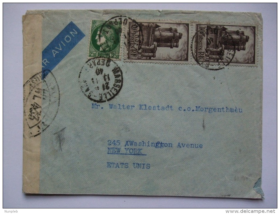 FRANCE 1940 CENSOR COVER MARSEILLE TO NEW YORK - Covers & Documents