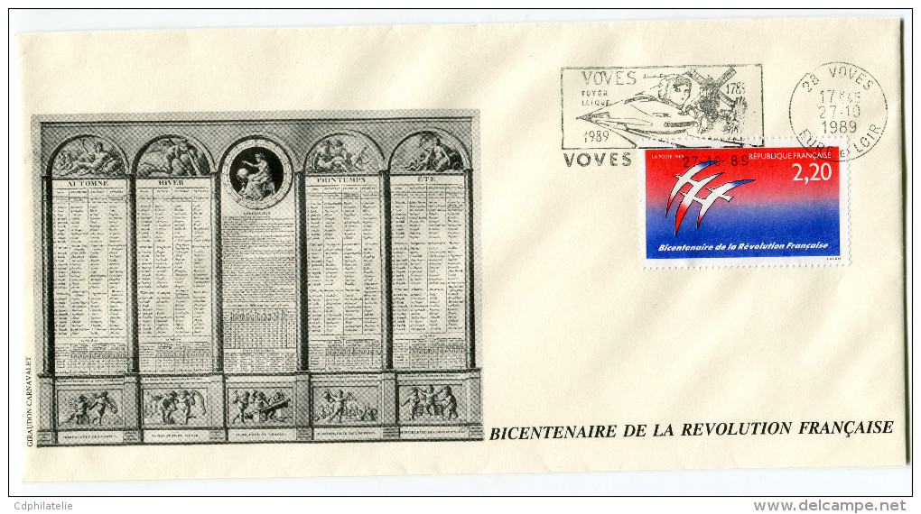 FRANCE THEME REVOLUTION FRANCAISE ENVELOPPE OBLITERATION 28 VOVES 27-10-1989 AVEC FLAMME VOVES FOYER LAIQUE 1789-1989 - French Revolution