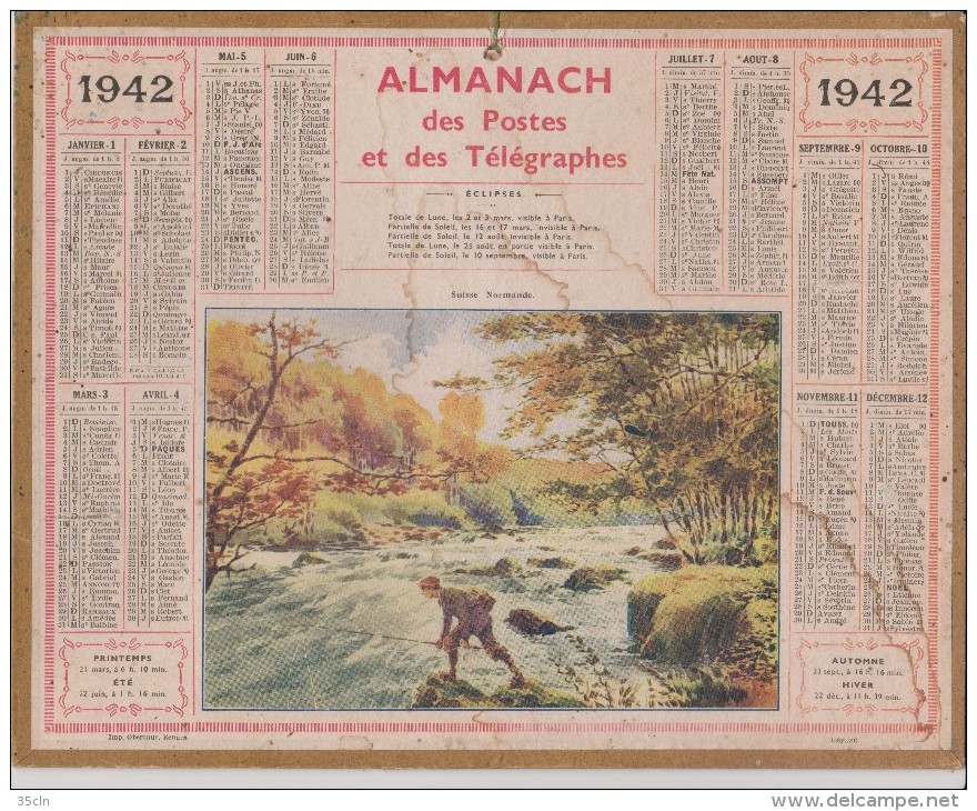 CALENDRIER 1942 - ALMANACH Des POSTES Et Des TELEGRAPHES - Suisse Normande - Complet - Département 35. - Grossformat : 1941-60