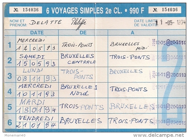 SNCB - GOLDEN RAILPASS  - 1993 (Carte Pour 6 Voyages Pour Les Plus De 60 Ans) - Europe