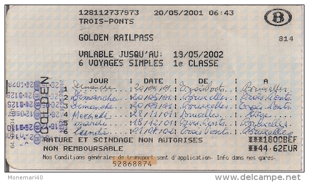 SNCB - GOLDEN RAILPASS  - Carte Pour 6 Voyages Pour Les Plus De 60 Ans (2001) - Europa