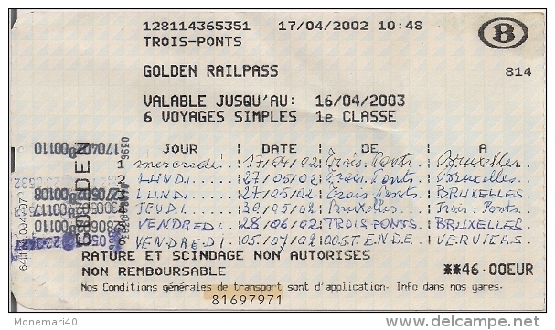 SNCB - GOLDEN RAILPASS  - Carte Pour 6 Voyages Pour Les Plus De 60 Ans (2002) - Europa