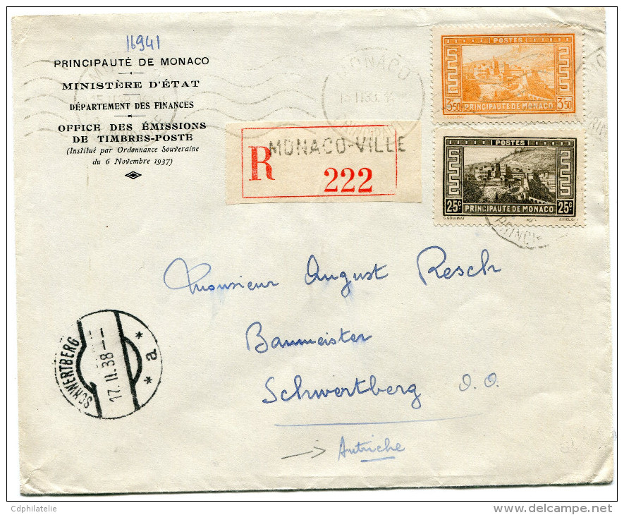 MONACO LETTRE RECOMMANDEE DEPART MONACO 15-II-38 PRINCIPAUTE ARRIVEE SCHWERTBERG 17.II.38 AUTRICHE - Cartas & Documentos