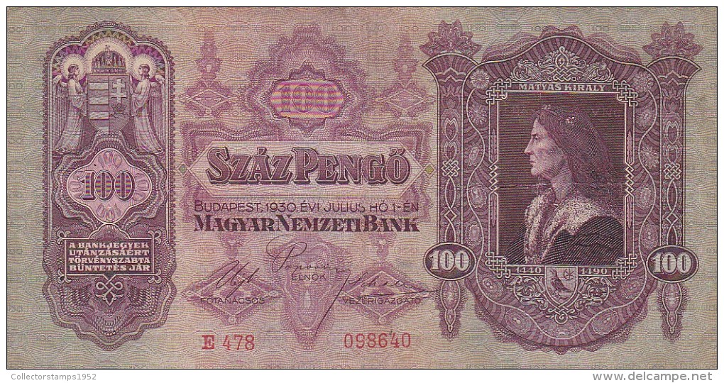 2058A,  BANKNOTE, 100, SZAZ PENGO, 1930, HUNGARY. - Hungary