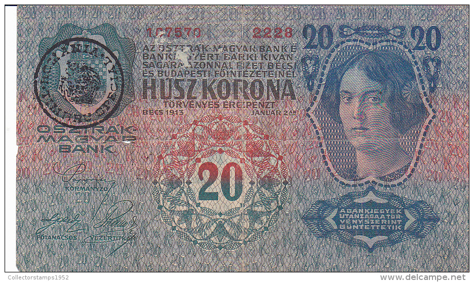 2058A,  BANKNOTE, 20, HUSZ KORONA, OVERPRINT, 1913, HUNGARY. - Ungheria