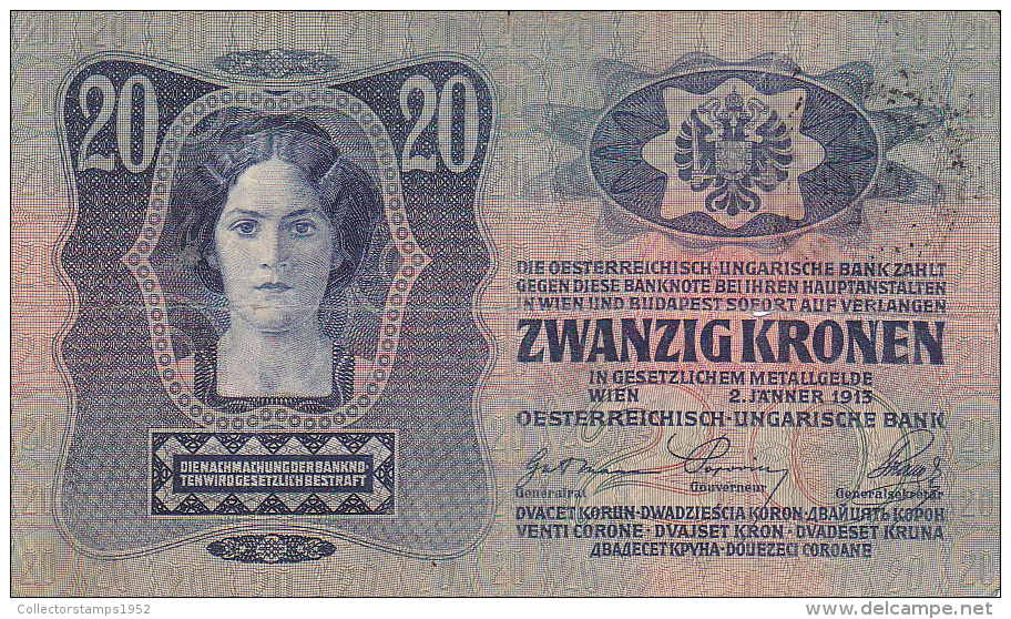 2058A,  BANKNOTE, 20, HUSZ KORONA, OVERPRINT, 1913, HUNGARY. - Hongrie