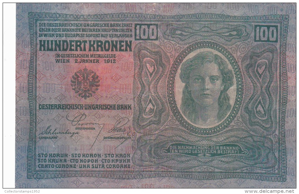 2058A,  BANKNOTE, 100, HUNDERT KRONEN, OVERPRINT,  1912, HUNGARY. - Hungary