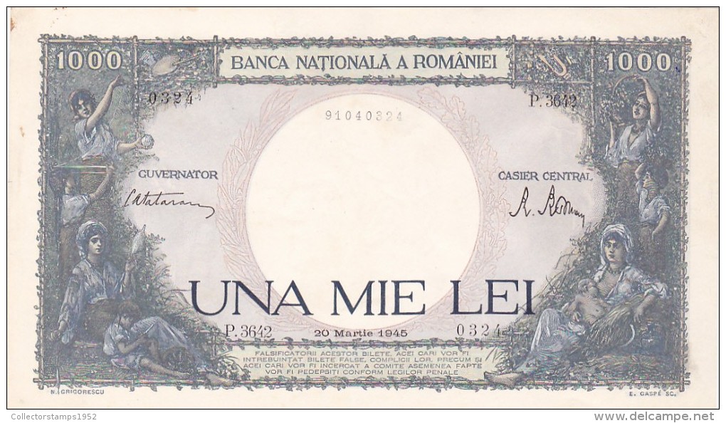 2058A,  BANKNOTE, 1000, UNA MIE LEI, 1945,  ROMANIA. - Rumania