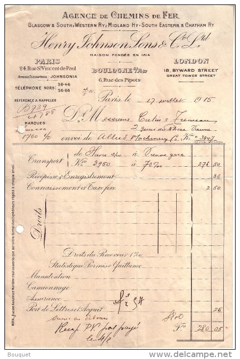 PARIS - BOULOGNE SUR MER - LONDRES - AGENCE DE CHEMINS DE FER - HENRY JOHNSON SONS & CO LTD - 1915 - Transport