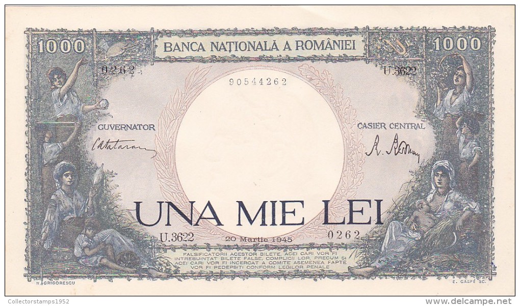 2058A,  BANKNOTE, 1000, UNA MIE LEI, 20 MARTIE 1945, ROMANIA. - Rumänien