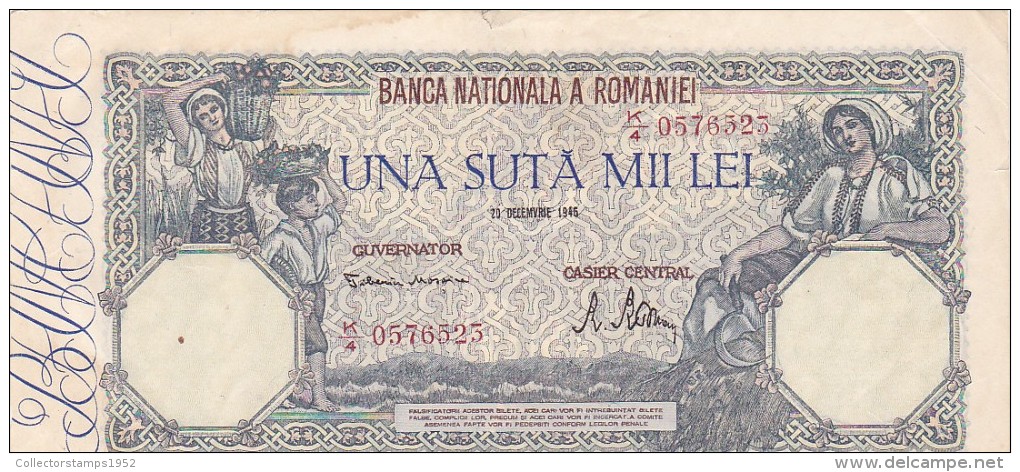 2058A,  BANKNOTE, 100.000, UNA SUTA MII LEI, 1945, ROMANIA. - Roumanie