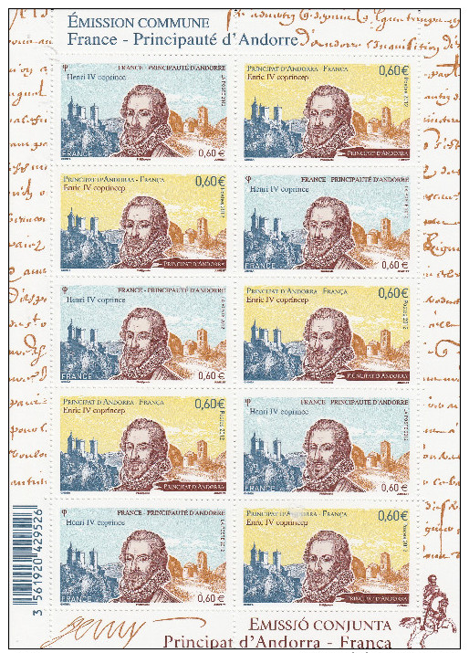 EMISSION COMMUNE FRANCE ANDORRE HENRI IV N° Y&T F 4698 MINIFEUILLE 5 TP DE CHAQUE COTE 25.00€ VOIR SCAN - Neufs