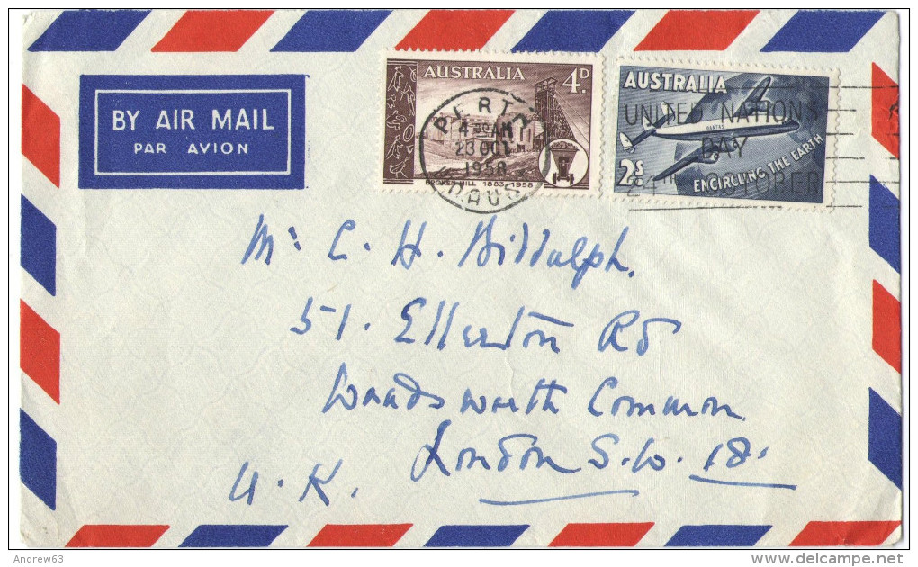 AUSTRALIA - 1958 - Airmail - Special Cancel United Nations DAY 24th October - Viaggiata Da Perth Per London, England - Lettres & Documents