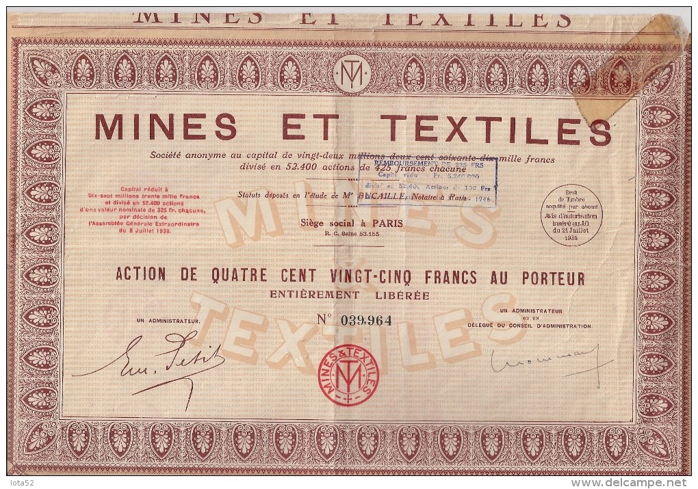 Action Mines Et Textiles - 425 Francs Au Porteur - Afrique