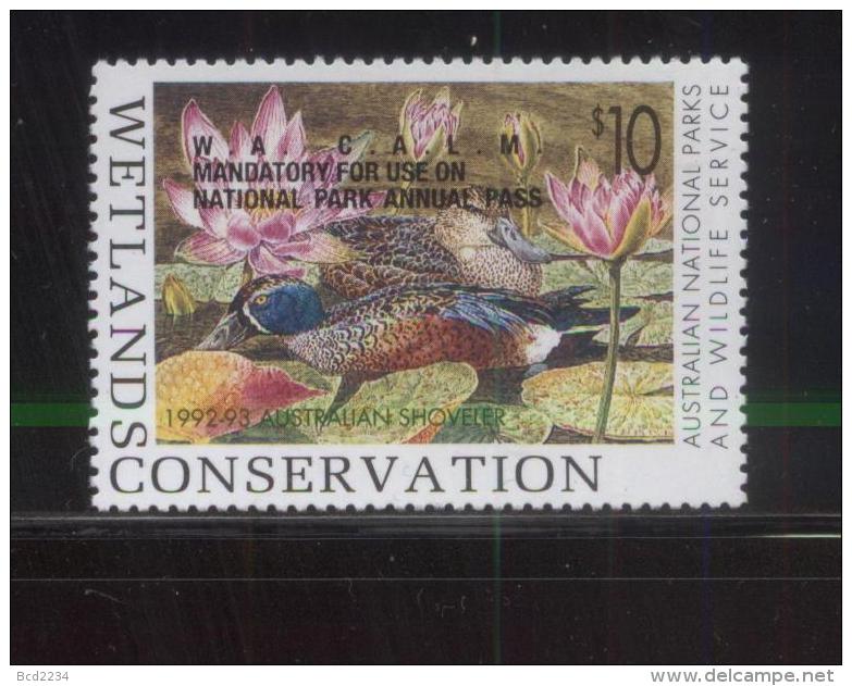 AUSTRALIA 1992-3 AUSTRALIAN NATIONAL PARKS & WILDLIFE SERVICE WETLANDS CONSERVATION $10 OPT SHOVELER DUCK STAMP NHM - Cinderella