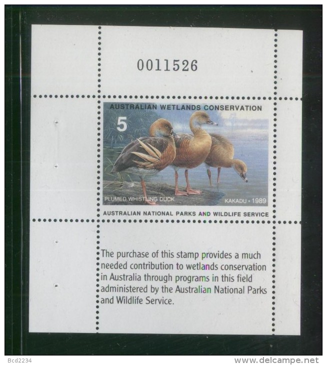 AUSTRALIA 1989 AUSTRALIAN NATIONAL PARKS & WILDLIFE SERVICE WETLANDS CONSERVATION $5 PLUMED WHISTLING DUCK BOOKLET PANE - Cinderelas