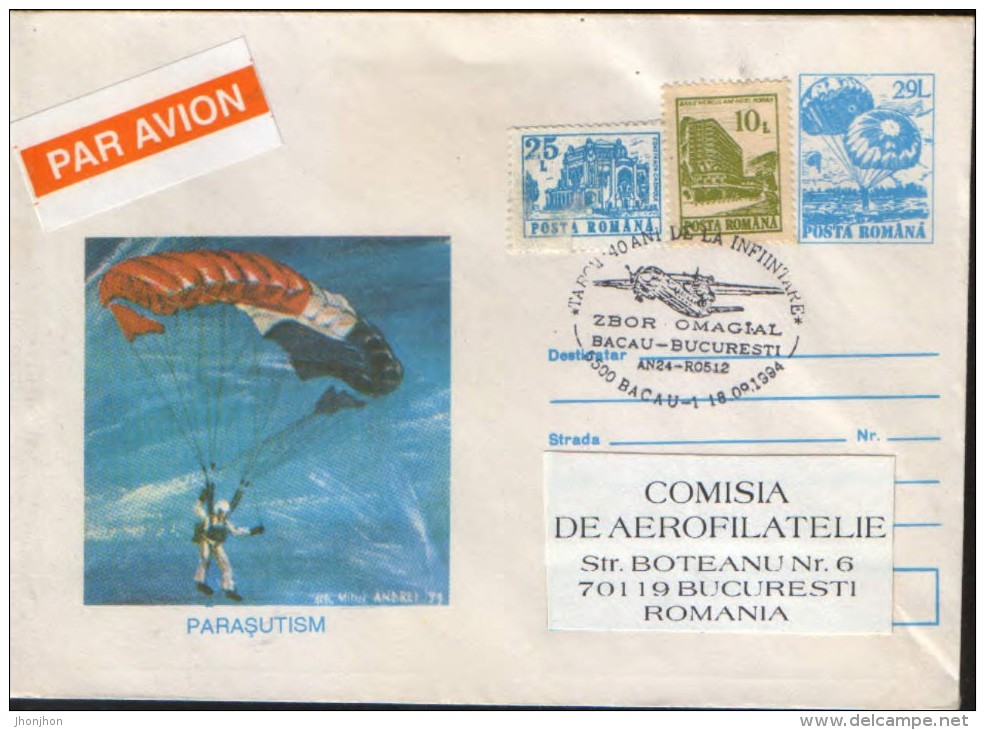 Romania - Postal Stationery Envelope 1993 -  Special Cover,Parachutting - Parachutting