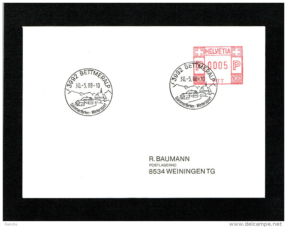 SUISSE FLAMME MECANIQUE Noir : 3992 BETTMERALP . DU 30.5.1988 - Postage Meters