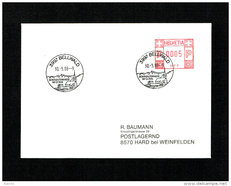 SUISSE FLAMME MECANIQUE Noir : 3997 BELLWALD . DU 30.5.1988 - Postage Meters