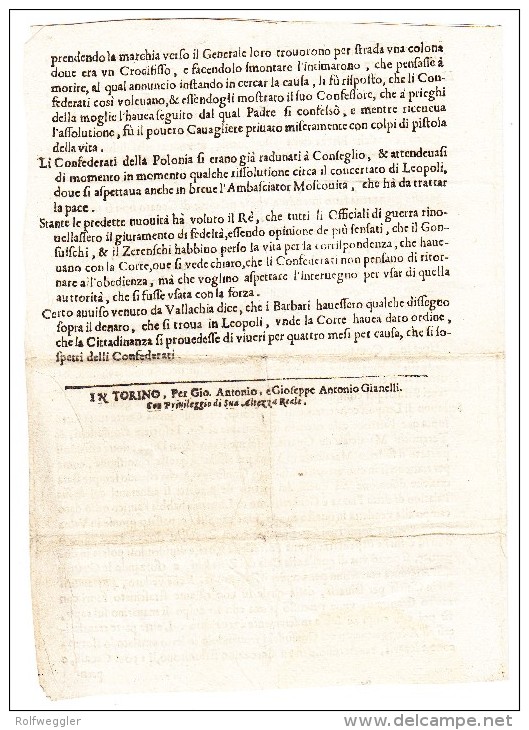 1663 4-Seitiger Gedruckter Text (Wie Zeitung) In Italienisch Mit Berichten Aus Verschiedenen Ländern Siehe Beschreibung - Ex-libris