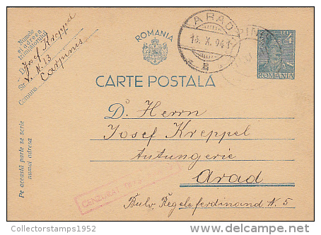 7794- KING MICHAEL, PC STATIONERY, ENTIER POSTAUX, CENSORED TIMISOARA NR 10, 1941, ROMANIA - 2. Weltkrieg (Briefe)
