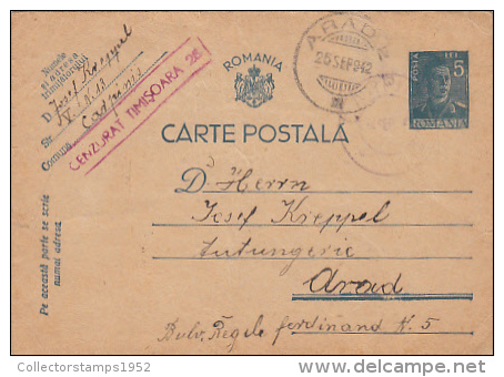 7798- KING MICHAEL, PC STATIONERY, ENTIER POSTAUX, CENSORED TIMISOARA NR 28, 1942, ROMANIA - 2. Weltkrieg (Briefe)