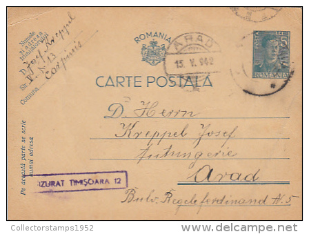 7799- KING MICHAEL, PC STATIONERY, ENTIER POSTAUX, CENSORED TIMISOARA NR 12, 1942, ROMANIA - 2. Weltkrieg (Briefe)