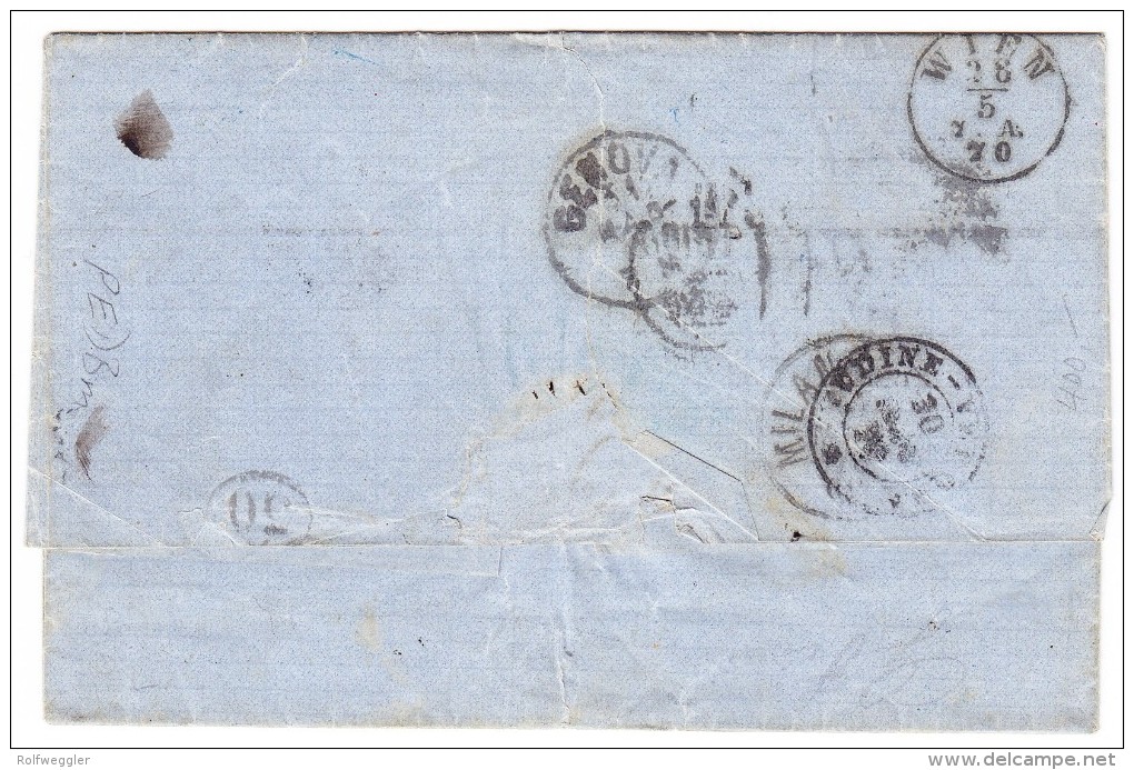 1870 Faltbrief Aus Odessa 23.5.1870 Ohne Marke Tax10 Via Wien, Udine, Milano AK-0 1 Lire Nachporto Seltener Brief - Portomarken