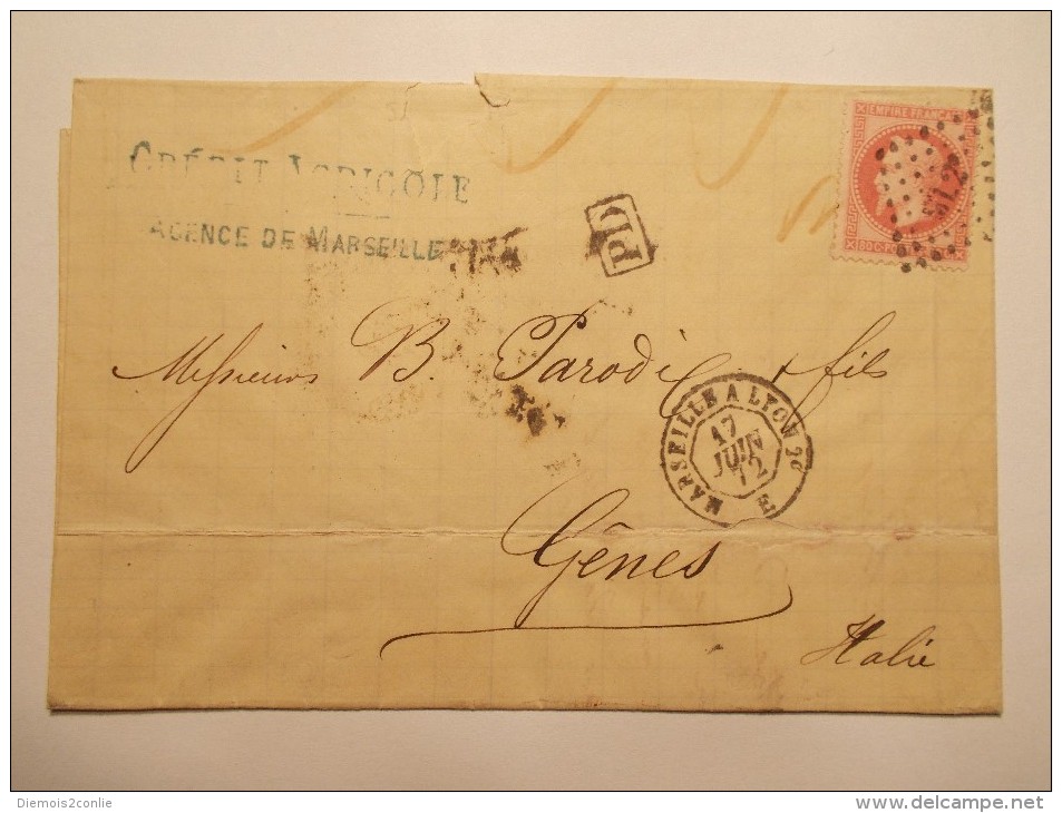 MARCOPHILIE - Lettre Obliteration Enveloppe - Marseille à Gênes - Timbre N° 32 + Ambulant (13/14) - 1849-1876: Période Classique