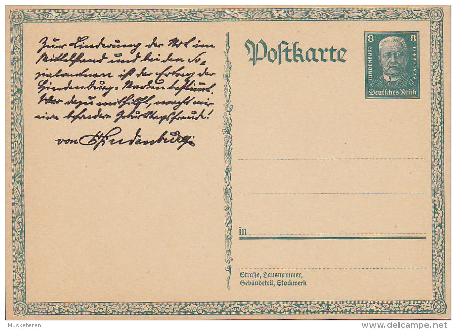 Germany Deutsches Reich Postal Stationery Ganzache Etier 8+7 Pf Hindenburg Geburstag Deutsche Nothilfe Unused - Postcards
