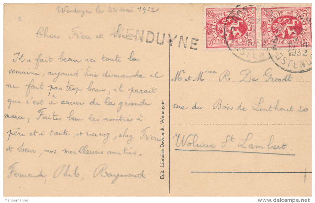 049/23 -  Griffe De WENDUYNE Sur Carte-vue WENDUYNE - TP Lion Héraldique OOSTENDE 1932 Vers BXL - Langstempel