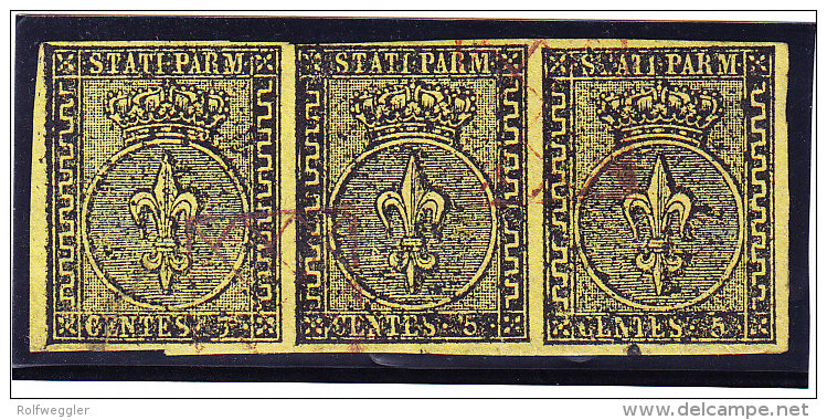 Parma 1852 Mi.1 Gestempelt 5 Cent Sauberer 3er-Streifen (leichter Roter Gitterstempel) Signiert Diena - Parme