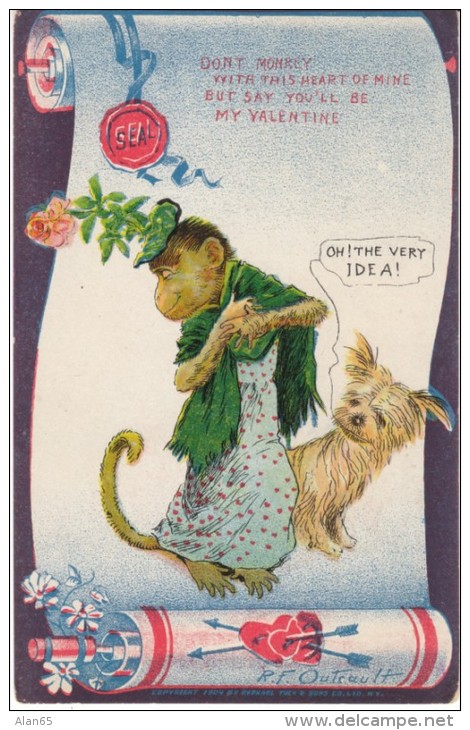 Valentines, Outcault Artist Signed, Monkey And Dog, Postcard-like But No Stamp Box - Other & Unclassified
