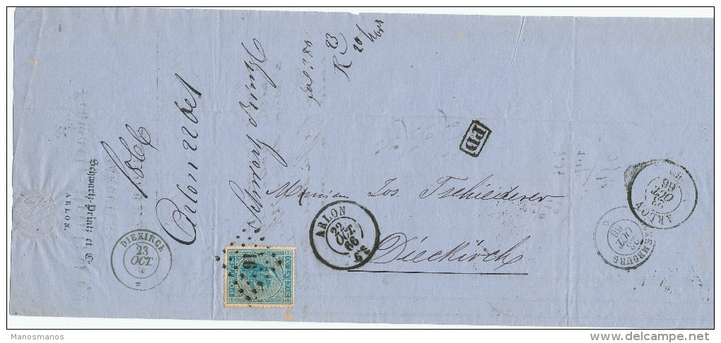 053/23 - Lettre TP 18 Points 16 ARLON 1866 Vers DIEKIRCH - Passage Par ARLON Bureau- Frontière Le Lendemain - Grenzübergangsstellen