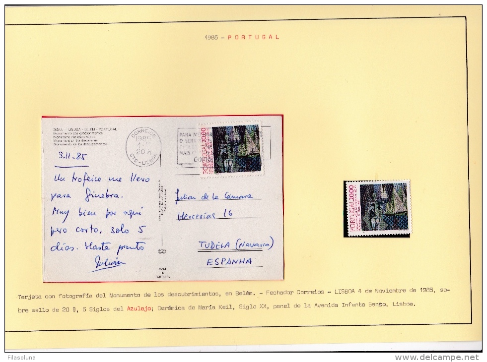 02015 Postal De Lisboa A Tudela 1985 + Un Sello - Lettres & Documents