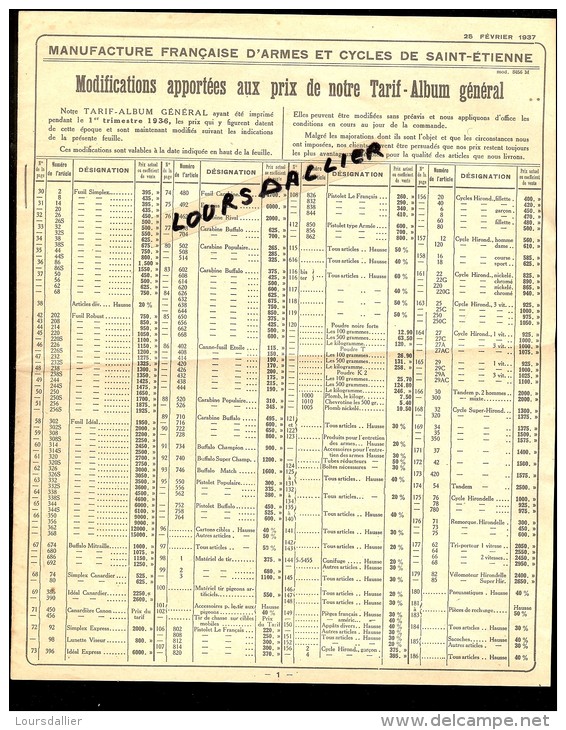 MANUFACTURE FRANCAISE D'ARMES Et CYCLES De SAINT ETIENNE Modifications Des Prix De Notre Tarif Album Général 1937 - France