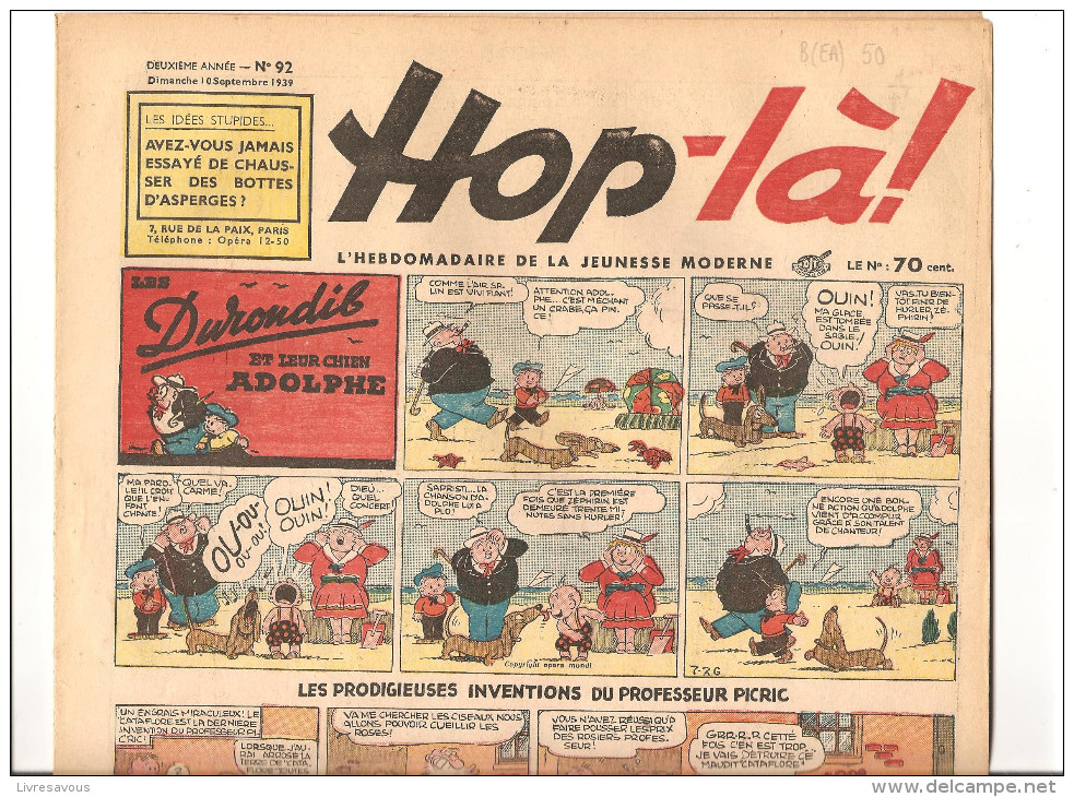 Hop-là! N°92 Du 10 SEPTEMBRE 1939 L´hebdomadaire De La Jeunesse. Les Durondib Et Leur Chien Adolphe - Autre Magazines