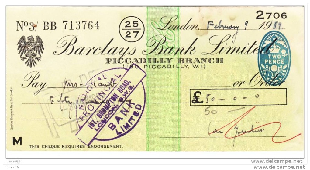 BARCLAYS BANK CHEQUE - PICCADILLY BRANCH - 1958 - USED - Cambiali