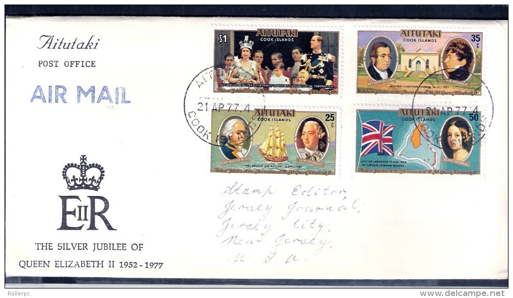 090003 Sc 148 - 151SILVER JUBILEE QUEEN ELIZABETH II -  ON FDC - STRUCK AIRMAIL. - OVERLEAF "MC" - Aitutaki